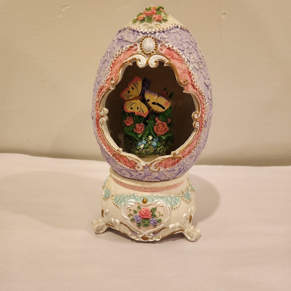 Vintage Victorian Butterfly Lavender Pedestal Egg Music Box  8in.